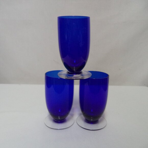 Cobalt blue glass Set 3 pedestal pedestal footed 4" x 2" drinkware spirits juice - Picture 1 of 9